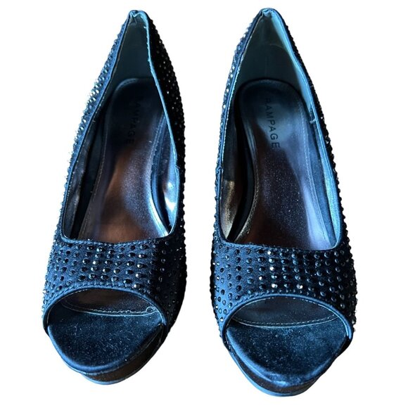 Rampage Black Studded Satin Peep-Toe Platform Heels Womens Size 8 Elegant Party - Picture 2 of 6